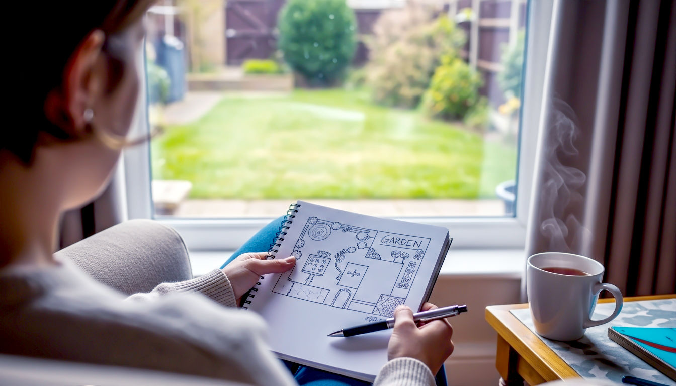 A cosy, candid photograph from a 'behind the shoulder' perspective. A person is sitting in a comfortable armchair next to a window, looking out onto a typical British garden that is a mix of unkempt lawn and potential. They are holding a notepad and pen, with a simple, hand-drawn garden layout sketched on the page. A cup of tea steams beside them on a small table. The lighting is soft and natural, suggesting a thoughtful morning spent planning. Evokes a sense of quiet potential and creativity.