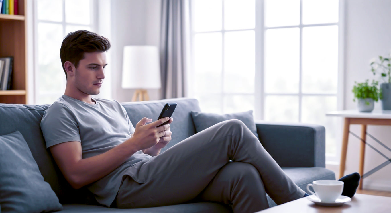 A hyper-realistic photograph in the style of a modern lifestyle magazine. A young British man is relaxing on a comfortable sofa in a bright, contemporary living room, casually completing a survey on his smartphone. Soft, natural light fills the room, highlighting a cup of tea on the side table. The mood is relaxed, effortless, and comfortable, focusing on the ease of earning pocket money from home.