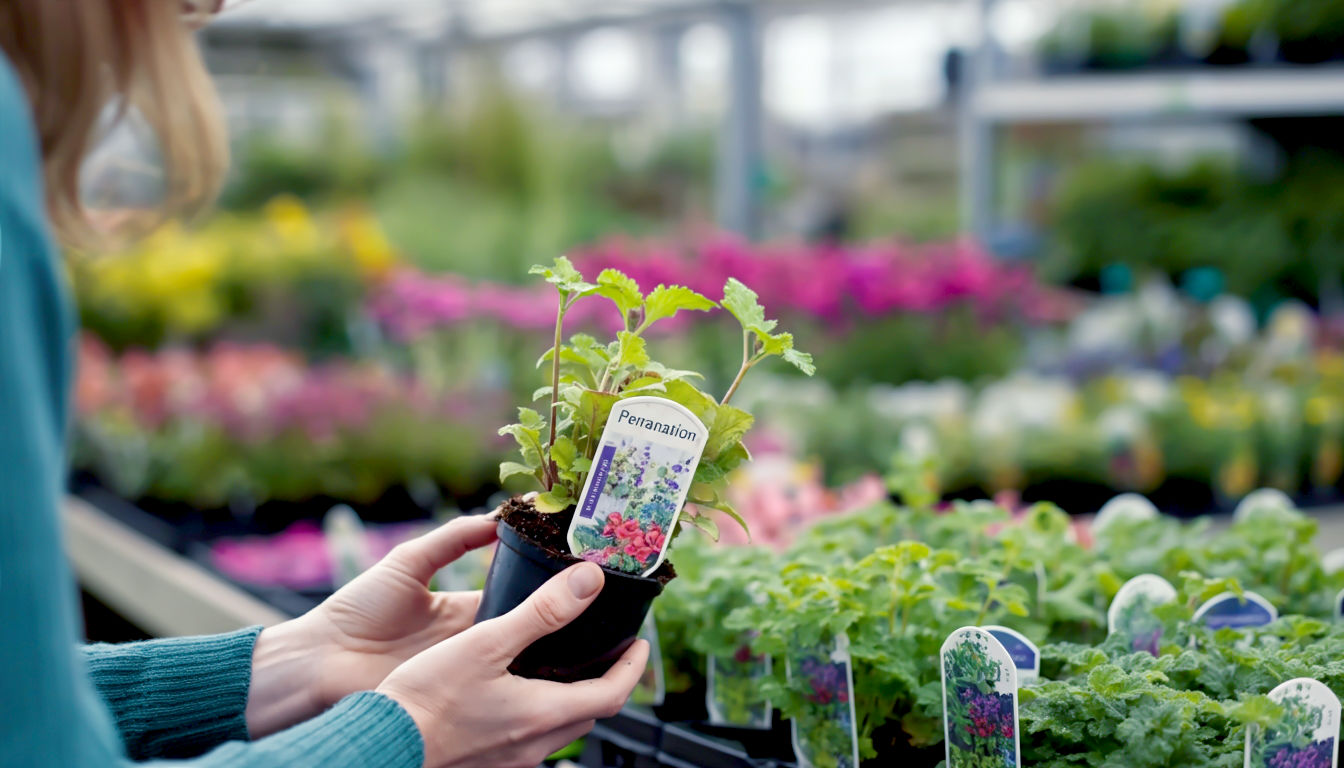 A vibrant, natural-light photograph taken in a quintessential British garden centre. A person is thoughtfully examining the label on a healthy-looking perennial plant in a pot. In the background, rows of various colourful plants are softly blurred, indicating a wide selection. The person's expression is one of engaged curiosity. The image should feel hopeful and exciting, capturing the joy of choosing new life for a garden.
