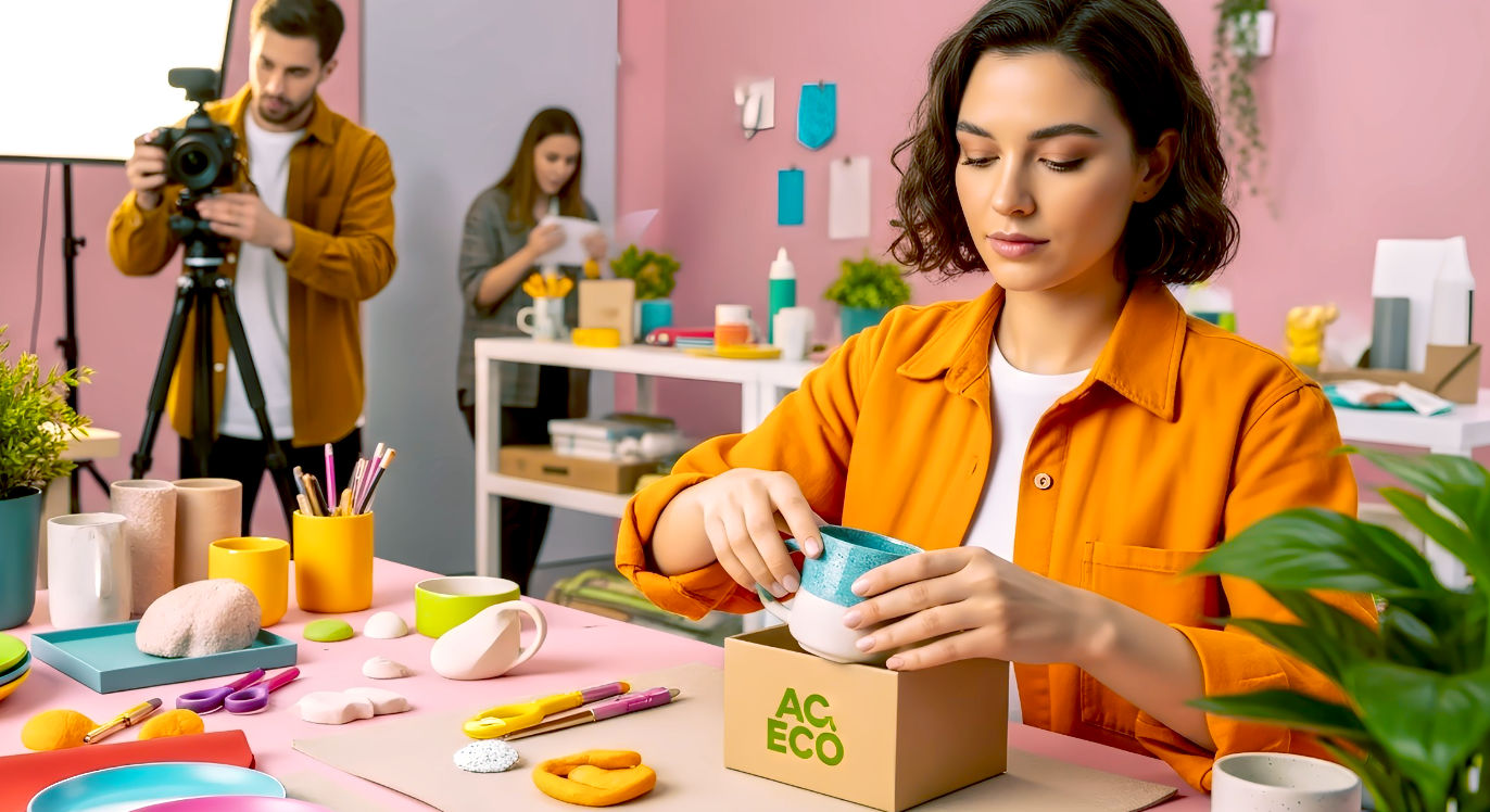 A hyper-realistic photograph in the style of a modern lifestyle magazine. In a vibrant, well-lit workshop, a group of young British people are engaged in their creative hustles. A woman in the foreground carefully packages a handmade ceramic mug into an eco-friendly box, while in the background, a man is adjusting a professional camera on a tripod for a product photoshoot. The setting is filled with craft supplies and finished products. The mood is passionate, entrepreneurial, and creative.