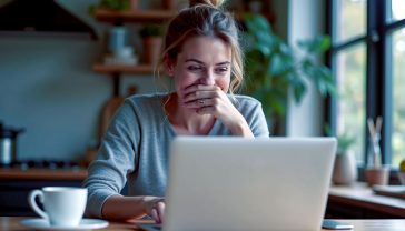 A hyper-realistic, professional photograph capturing the joyful moment of winning. A British woman in her late 30s is sitting at a wooden kitchen table with a laptop open, her face lit up with a huge, genuine smile of surprise and delight as she looks at the screen. One hand is covering her mouth in excitement. The kitchen has a cosy, modern farmhouse feel, with a mug of tea visible. The lighting is soft and natural, coming from a nearby window, creating a warm and authentic atmosphere. The mood is uplifting, relatable, and celebratory, perfectly capturing the theme of winning from home.
