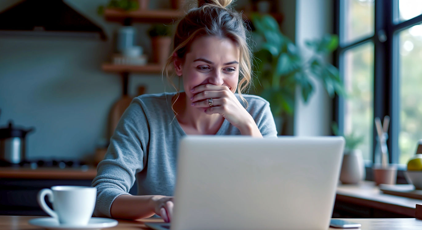 A hyper-realistic, professional photograph capturing the joyful moment of winning. A British woman in her late 30s is sitting at a wooden kitchen table with a laptop open, her face lit up with a huge, genuine smile of surprise and delight as she looks at the screen. One hand is covering her mouth in excitement. The kitchen has a cosy, modern farmhouse feel, with a mug of tea visible. The lighting is soft and natural, coming from a nearby window, creating a warm and authentic atmosphere. The mood is uplifting, relatable, and celebratory, perfectly capturing the theme of winning from home.