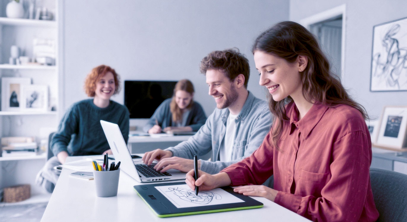 A hyper-realistic photograph in the style of a modern lifestyle magazine. An homogenous group of young British creatives are collaborating in a stylish, minimalist home office. One woman is sketching on a graphics tablet while a man next to her types on a laptop, both smiling and engaged in their work. The composition is clean and professional, with a focus on skill and collaboration. The mood is focused, creative, and professional.