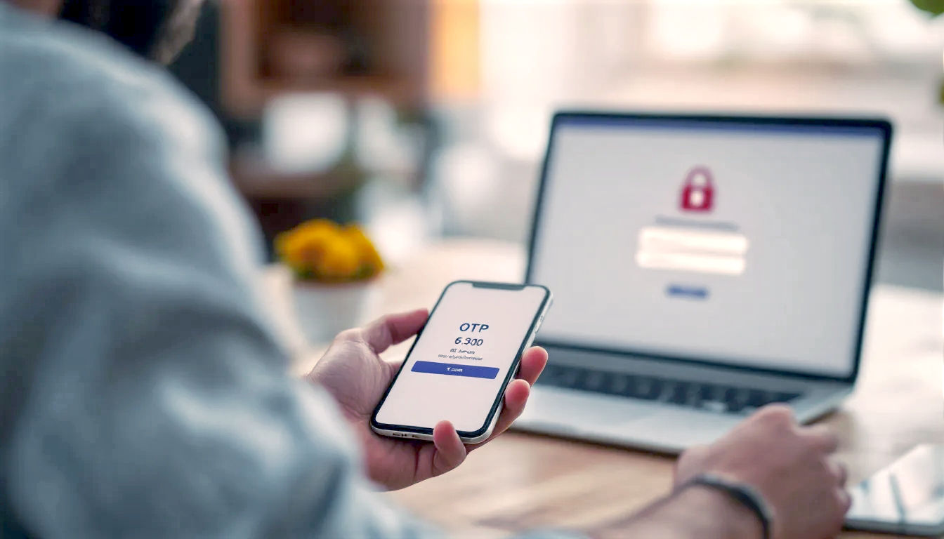 A hyper-realistic, professional photograph showing a close-up of a modern smartphone screen in a man's hand. The screen displays a banking app interface with a prominent six-digit One-Time Password (OTP) code, with a 30-second countdown timer next to it. In the softly blurred background, a laptop on a wooden desk shows a generic online banking login page, waiting for the code. The lighting is clean, bright, and natural, creating a mood of modern, trustworthy security. The scene should feel quintessentially British and relatable.