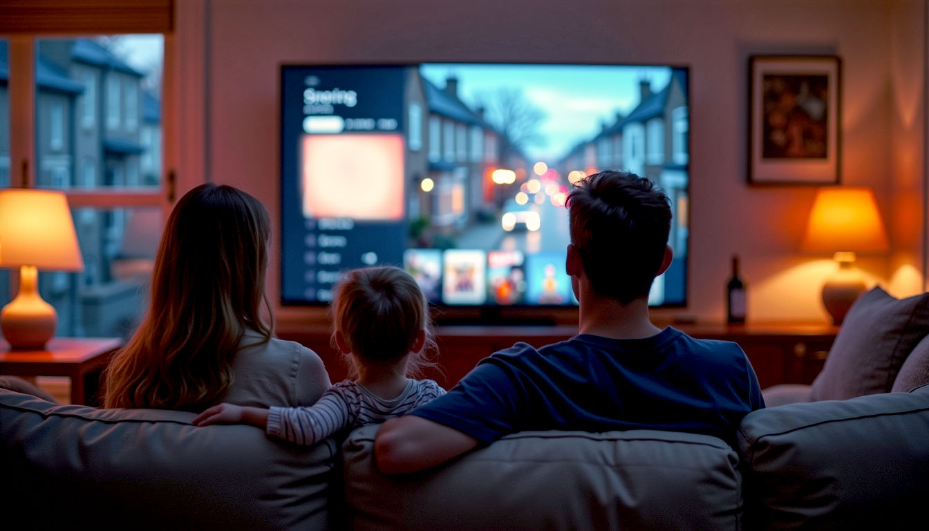 A hyper-realistic, professional photograph showing a modern, cosy British living room at dusk. The main focus is a family sitting together on a comfortable sofa, their faces lit by the warm glow of a large television screen. On the screen, the user interface of a popular streaming service is visible, displaying a colourful grid of film and TV show options. The mood is relaxed, intimate, and happy. The lighting should be soft and atmospheric, with a hint of blue evening light coming through a window in the background, which looks out onto a typical British suburban street. Style: cinematic, warm, and relatable.