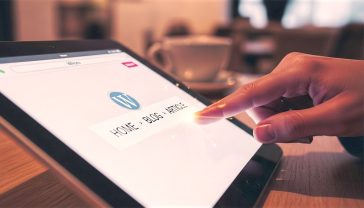 Hyper-realistic professional photograph, bright and clean style. A close-up of a person's finger tracing a glowing, digital breadcrumb trail (Home > Blog > Article) on a sleek, modern tablet screen. The website on the screen is a clean, minimalist WordPress blog. The background is a soft-focus, cosy British café setting with a warm, inviting atmosphere. The lighting is soft and natural, highlighting the digital interface.