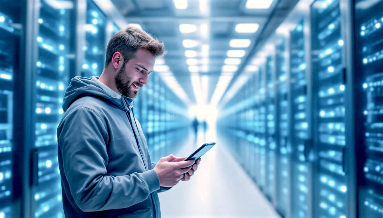 A hyper-realistic, professional photograph in the style of a modern tech publication. The image depicts a sleek, futuristic data centre aisle with rows of glowing server racks disappearing into the distance. A friendly, casually dressed British IT engineer, in their late 30s, is checking a tablet in the foreground. The lighting is clean and bright, with cool blue and white tones, creating a mood of innovation, security, and British technological expertise. The composition should be a clean, wide shot that feels both vast and accessible.