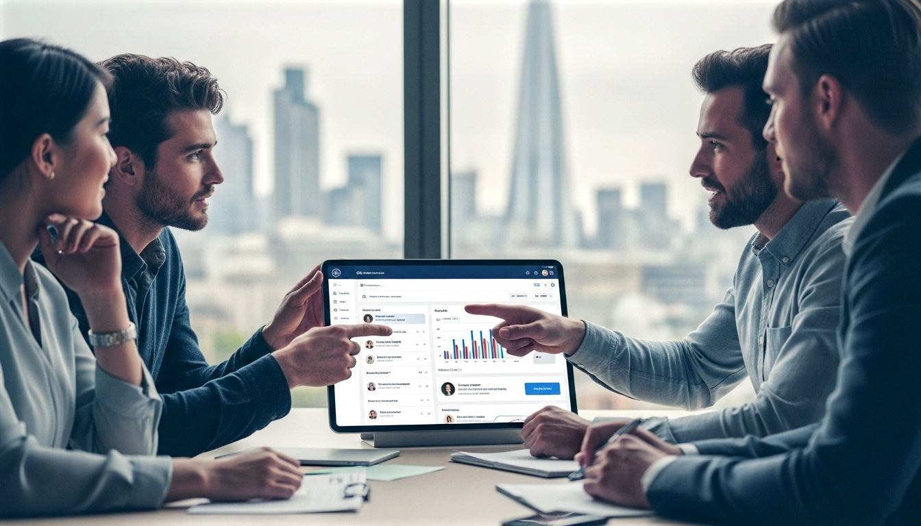 A hyper-realistic, professional photograph in the style of a modern business journal. The image shows a team of three people in a bright, contemporary office in London, collaborating around a large tablet screen. The screen displays a clean, intuitive CRM dashboard with charts and customer profiles. One person is pointing to the screen, engaged in discussion. The mood is positive, professional, and collaborative. The lighting is natural and soft, coming from a large window overlooking a subtly blurred London skyline (perhaps showing the Shard or the Gherkin). The colour palette is a mix of professional blues, greys, and whites, with a warm, human element.