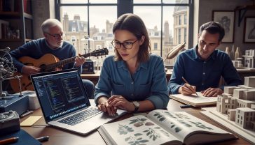 A hyper-realistic photograph in the style of a modern BBC documentary poster. The image features a diverse group of three British people in a beautifully lit, airy workshop that blends old and new. In the centre, a woman in her 30s with glasses is intently focused on a laptop displaying complex code, while her left hand rests on an open, illustrated book about botany. To her right, a man in his 40s sketches in a notebook, with architectural models on the table beside him. To her left, an older man in his 60s is tuning a vintage guitar, with scientific equipment visible in the soft-focus background. The lighting is natural and warm, coming from a large window overlooking a classic British city skyline like London or Manchester. The mood is one of intense curiosity, quiet collaboration, and intellectual energy, evoking the theme of connecting diverse knowledge in modern Britain.