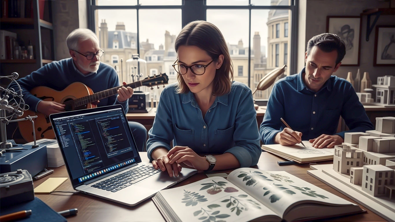A hyper-realistic photograph in the style of a modern BBC documentary poster. The image features a diverse group of three British people in a beautifully lit, airy workshop that blends old and new. In the centre, a woman in her 30s with glasses is intently focused on a laptop displaying complex code, while her left hand rests on an open, illustrated book about botany. To her right, a man in his 40s sketches in a notebook, with architectural models on the table beside him. To her left, an older man in his 60s is tuning a vintage guitar, with scientific equipment visible in the soft-focus background. The lighting is natural and warm, coming from a large window overlooking a classic British city skyline like London or Manchester. The mood is one of intense curiosity, quiet collaboration, and intellectual energy, evoking the theme of connecting diverse knowledge in modern Britain.