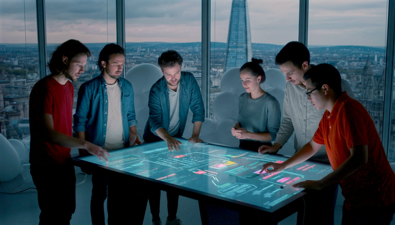 A hyper-realistic photograph in the style of a modern tech publication. The image shows a team of creative developers in a bright, contemporary London office with a view of the Shard in the background. They are collaborating around a large touchscreen table that displays glowing, abstract lines of code and colourful application architecture diagrams. The mood is optimistic, innovative, and collaborative. The lighting is natural and bright, with a clean, slightly desaturated colour palette of blues, greys, and whites, evoking a sense of professionalism and cutting-edge technology.