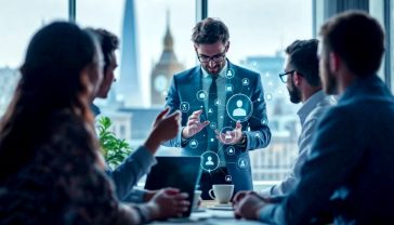 A hyper-realistic, professional photograph in the style of a modern business journal. The image depicts a team in a bright, contemporary London office collaborating around a transparent screen displaying interconnected generic app icons. The mood is innovative and optimistic. Soft, natural light streams in from a window overlooking a subtly blurred view of a classic British landmark, like the Shard or Tower Bridge, to firmly root the scene in the UK. The colour palette is clean and professional, with blues, greys, and a splash of vibrant accent colours.