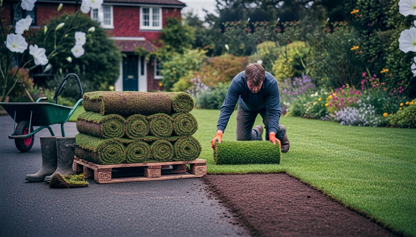 A hyper-realistic photograph in the style of a Gardeners' World magazine feature. The image captures a satisfying, mid-job scene of laying a new turf lawn in a classic British garden. In the foreground, a neatly stacked pallet of fresh, deep green turf rolls sits on a pristine driveway. A pair of muddy wellies and a wheelbarrow are nearby. The main focus is a person, seen from a low angle, carefully unrolling a length of turf onto perfectly prepared, dark brown soil, connecting it to the already-laid section which is a vibrant emerald green. The background shows a charming red-brick house with a flowering border. The lighting is soft, overcast British daylight, highlighting the rich colours and textures. The overall mood is one of satisfying, productive work and the promise of a beautiful new lawn.