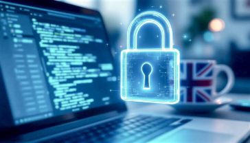 A hyper-realistic photograph in the style of a modern tech journal. The image shows a sleek, transparent digital padlock icon glowing with a soft, blue light, hovering over a webpage on a laptop screen. The background is a slightly blurred, contemporary British office setting with subtle hints of a Union Jack motif on a mug. The lighting is clean and professional, with a cool colour palette, evoking a sense of security, trustworthiness, and cutting-edge technology. The mood is calm, authoritative, and focused on digital privacy.