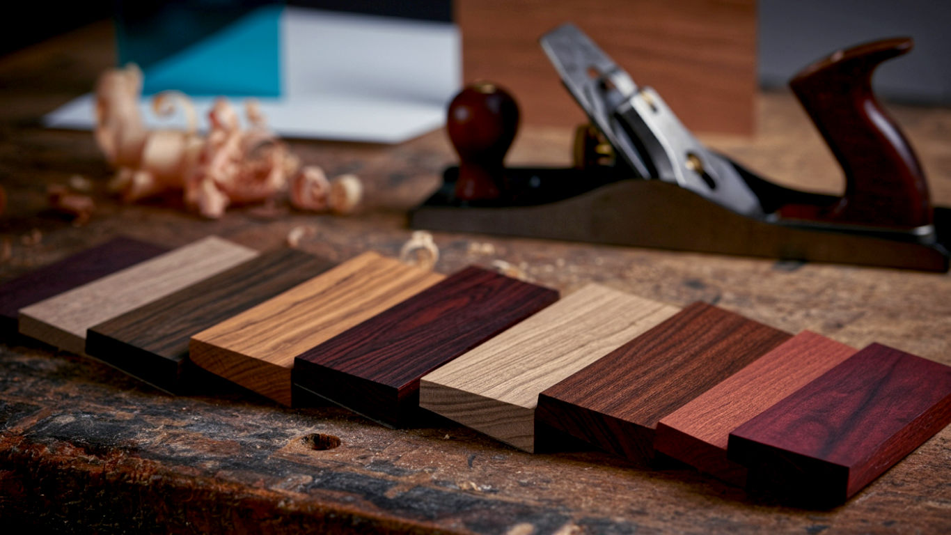 A hyper-realistic, professional photograph in the style of an interior design magazine. The shot captures a close-up, diagonal view of ten different exotic hardwood samples arranged neatly side-by-side on a rustic workshop bench. Each wood sample (including Teak, Wenge, Padauk, and Zebrawood) clearly shows its unique colour and grain pattern. Soft, natural light from a nearby window illuminates the textures. In the blurred background, a carpenter's hand plane and some wood shavings are visible, suggesting craftsmanship. The mood is warm, sophisticated, and tactile, evoking a sense of quality and natural beauty for a British home.