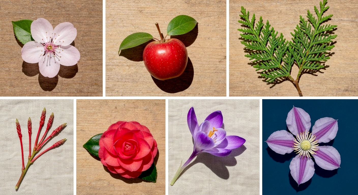 Award-winning professional photograph, a beautifully curated botanical flat lay or collage, featuring individual elements representing each plant: a single perfect cherry blossom, a vibrant red crab apple, a detailed sprig of green cypress, a cluster of glowing red dogwood stems, a delicate purple crocus, a glossy red camellia bloom, and a vibrant clematis flower, arranged harmoniously on a rustic wooden or soft linen background, natural light, sharp focus on each element, rich textures and colors, sophisticated, fine art botanical illustration style to show some of our 10 plants, shrubs and trees beginning with C.