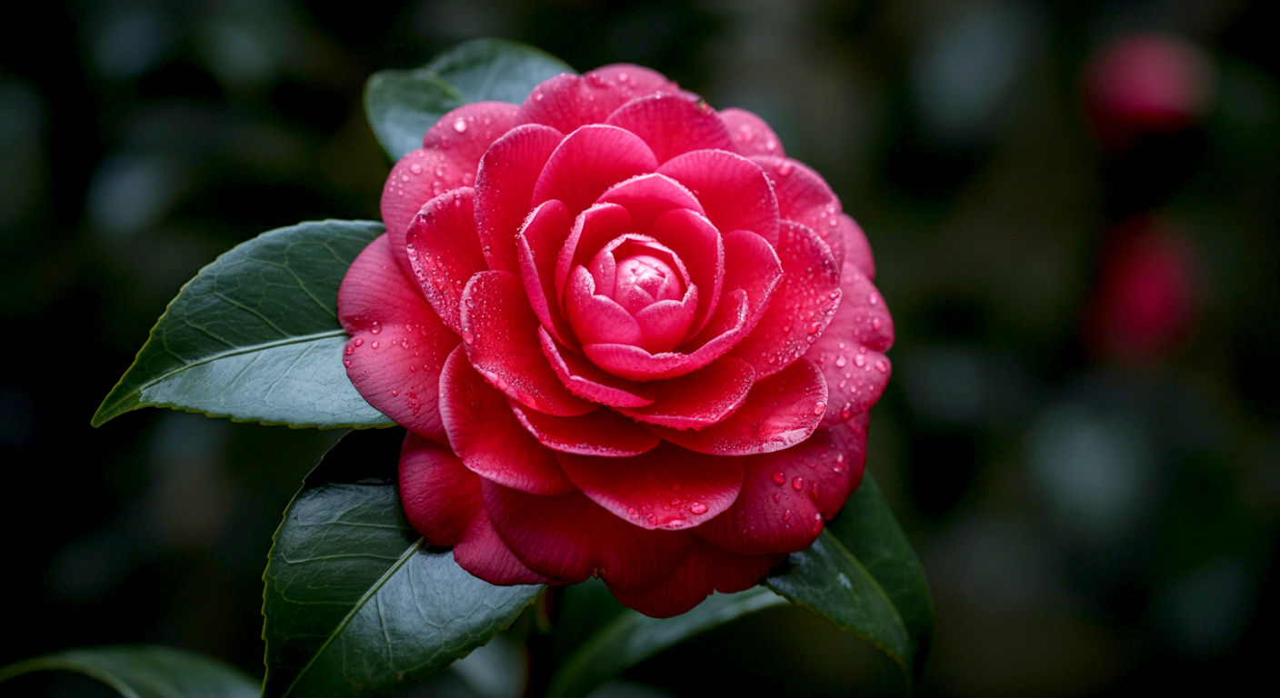 Professional high-resolution photograph of a single Camellia flower in full bloom, extreme shallow depth of field, velvety red petals with delicate water droplets, soft diffused light, ethereal atmosphere, creamy bokeh background of dark green leaves, 100mm macro lens, f/2.8, natural light, serene, fine art botanical photography.