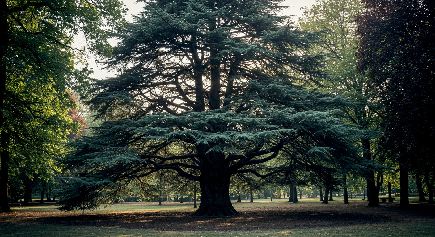 Professional high-resolution photograph of a mature Cedar tree (e.g., Cedar of Lebanon or Atlas Cedar) standing majestically in a large park or open landscape, emphasizing its broad, tiered branches and elegant form, strong natural light (e.g., golden hour or bright daylight), deep green or silvery-blue foliage, wide-angle perspective to capture its grandeur, high dynamic range, serene, timeless, landscape photography.