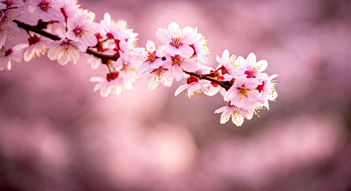 Professional high-resolution photograph of a cherry blossom tree in full bloom, soft morning light, shallow depth of field, delicate pink petals, ethereal atmosphere, bokeh foreground and background, golden hour, 85mm prime lens, f/1.8, natural light, subtly desaturated colors, peaceful, serene.