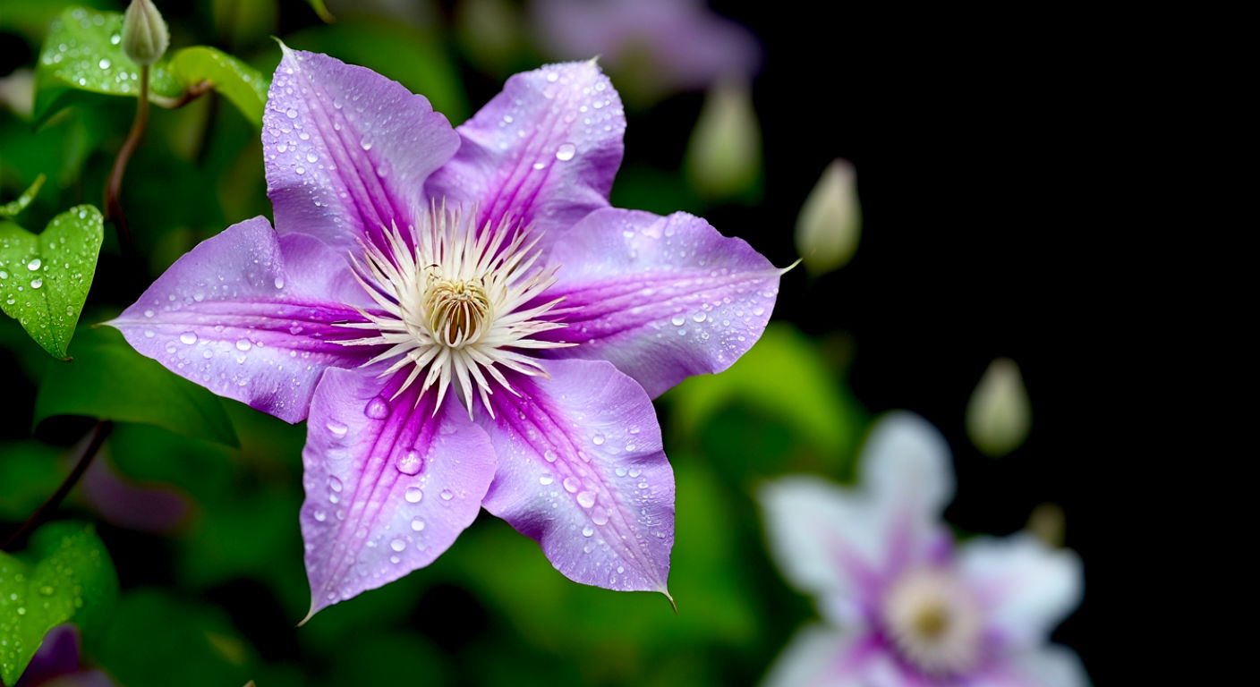 Professional high-resolution photograph of a Clematis vine, extreme shallow depth of field, delicate purple and white flowers in focus, soft morning light, ethereal atmosphere, creamy bokeh foreground and background, dew drops on petals, 85mm prime lens, f/1.4, natural light, subtly desaturated greens, peaceful, dreamlike
