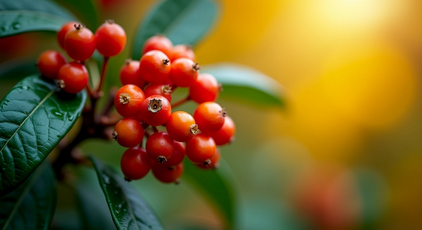 Professional high-resolution photograph of Cotoneaster berries in late autumn, extreme close-up on a cluster of vibrant red or orange berries, glistening with morning dew or soft rain, contrasting against dark green, glossy evergreen leaves, shallow depth of field, creamy bokeh background, 100mm macro lens, f/2.8, natural soft light, highly detailed, rich colors, inviting, fine art botanical.