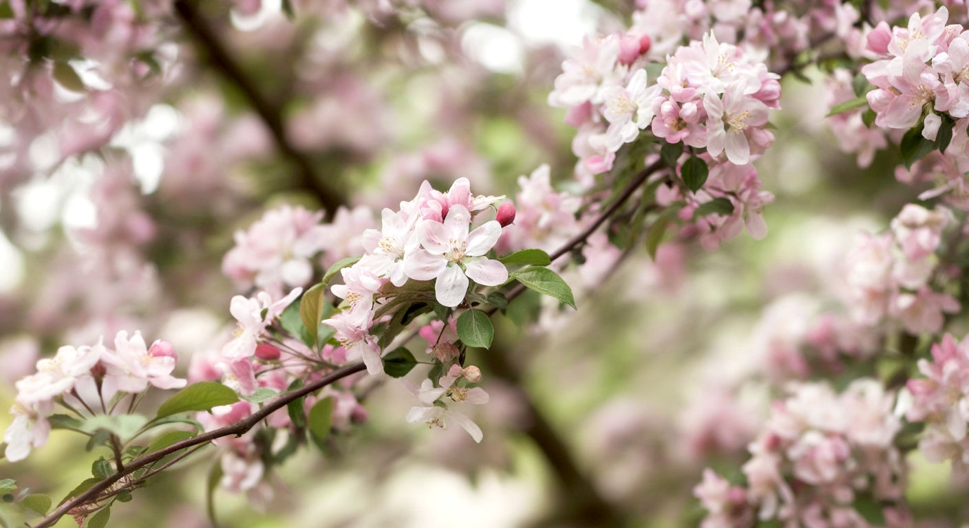 Professional high-resolution photograph of a Crab Apple tree in full spring bloom, covered in an abundance of delicate pink and white blossoms, soft morning light, shallow depth of field, ethereal atmosphere, bokeh background of a spring garden, 85mm prime lens, f/1.8, natural light, serene, dreamlike, capturing the essence of renewal.