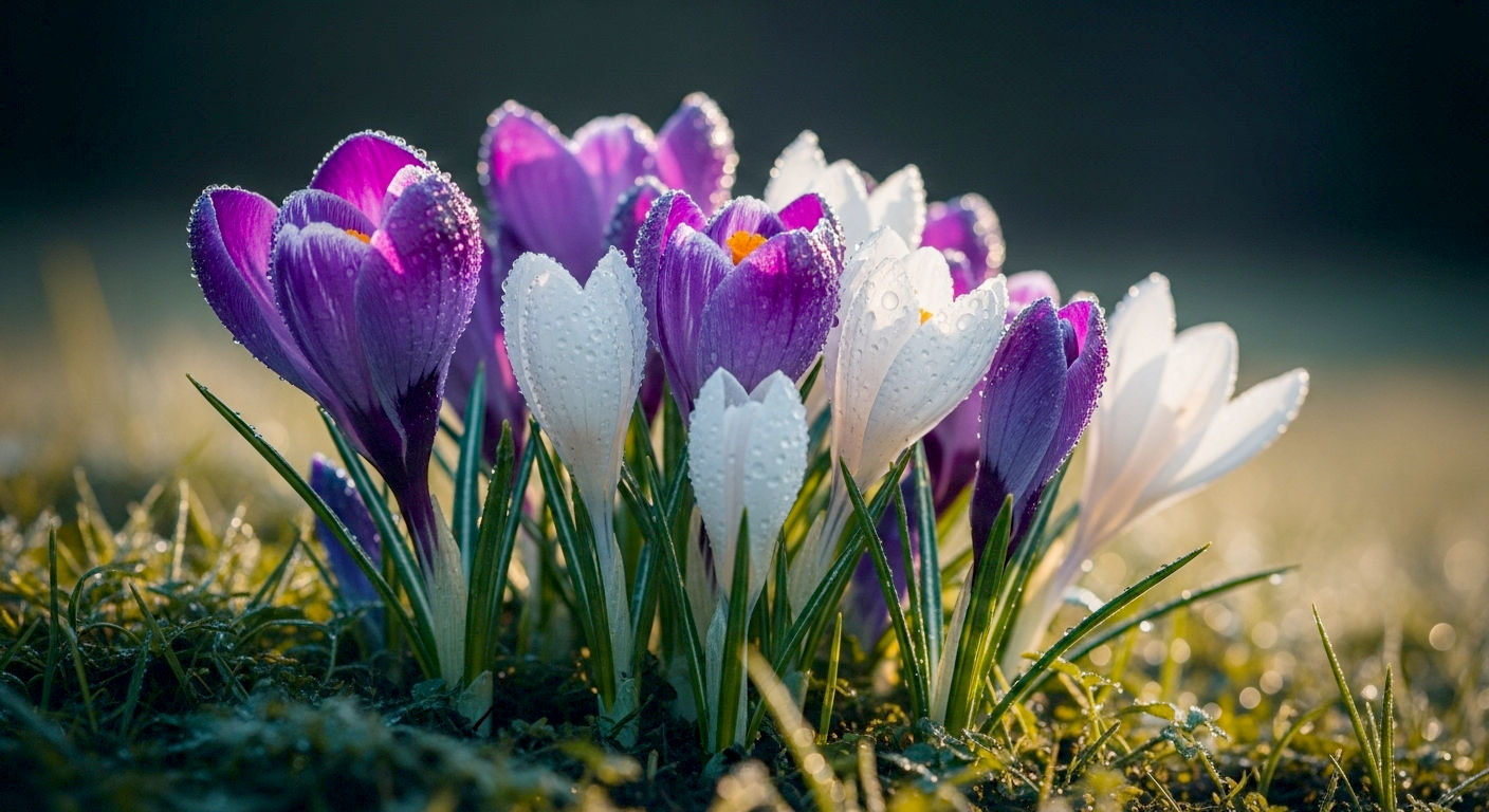 Professional high-resolution photograph of a cluster of Crocus flowers in early spring, mix of vibrant purple and delicate white blooms, soft morning light, glistening dew drops on petals and leaves, extremely shallow depth of field, creamy bokeh foreground and background, 85mm prime lens, f/1.8, natural light, ethereal, serene, macro photography style.