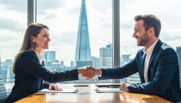 Hyper-realistic photograph, professional and modern office setting in London with a view of a landmark like the Shard through the window. Two people are at a sleek wooden desk, a friendly and professional salesperson (male, early 40s, smart-casual attire) and a confident client (female, late 30s, business dress). They are shaking hands across the desk, both with genuine, warm smiles. The mood is positive, successful, and collaborative. The lighting is bright and natural, coming from the large window. The style should be like a high-end corporate brochure photograph.