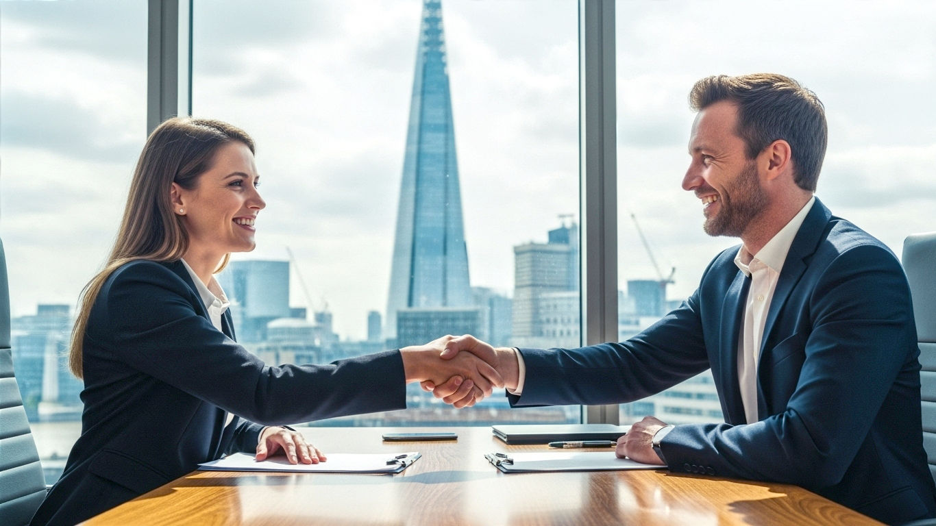 Hyper-realistic photograph, professional and modern office setting in London with a view of a landmark like the Shard through the window. Two people are at a sleek wooden desk, a friendly and professional salesperson (male, early 40s, smart-casual attire) and a confident client (female, late 30s, business dress). They are shaking hands across the desk, both with genuine, warm smiles. The mood is positive, successful, and collaborative. The lighting is bright and natural, coming from the large window. The style should be like a high-end corporate brochure photograph.