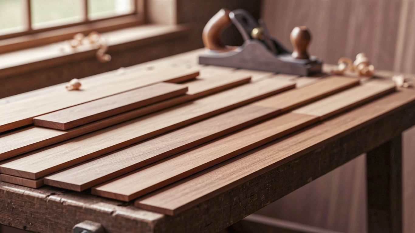 Ipe exotic hardwood planks laid across a workbench with a handplane in the background