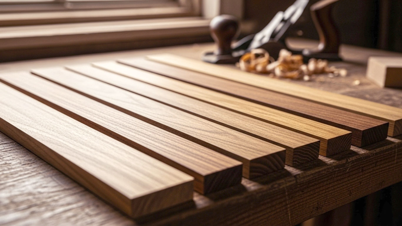 Iroko exotic hardwood planks laid across a workbench with a handplane in the background