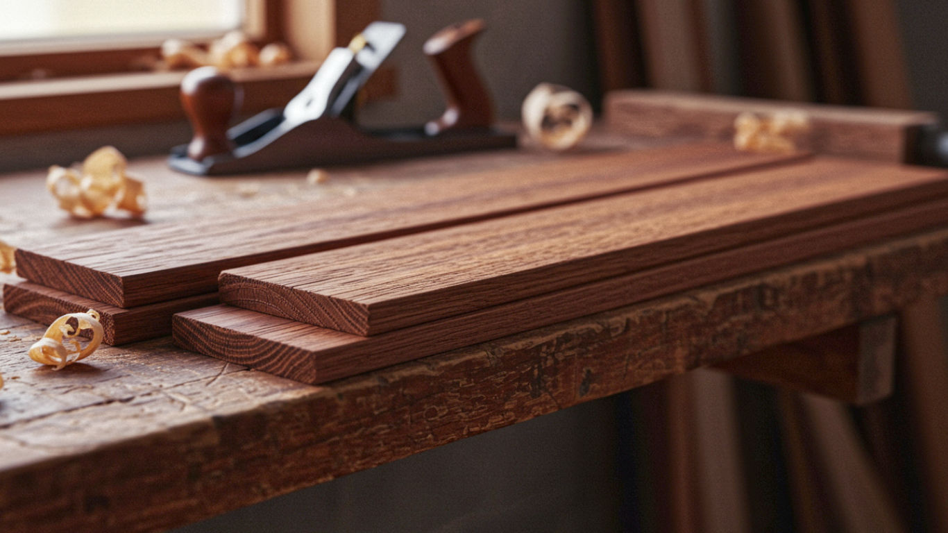 Jatoba exotic hardwood planks laid across a workbench with a handplane in the background