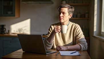 A hyper-realistic photograph in the style of a thoughtful documentary. A person in their 30s or 40s sits at a kitchen table in a modern, slightly minimalist British home with a mug of tea. They are looking out of a window with a calm, determined, and forward-looking expression, not sad or defeated. On the table is a laptop, a notepad, and a pen, suggesting proactive planning. The lighting is soft, natural morning light, creating a mood of hope, resilience, and quiet strength. The focus is sharp on the person, with the background gently blurred.