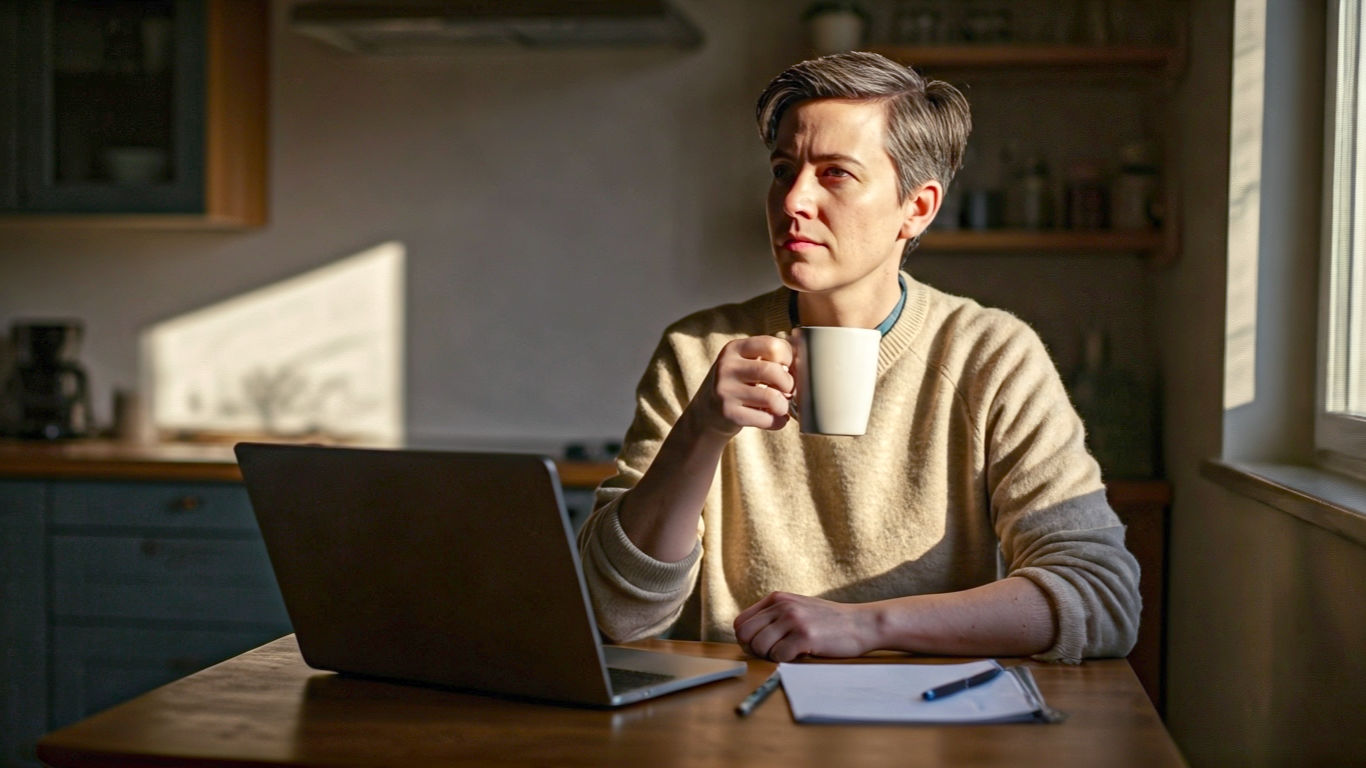 A hyper-realistic photograph in the style of a thoughtful documentary. A person in their 30s or 40s sits at a kitchen table in a modern, slightly minimalist British home with a mug of tea. They are looking out of a window with a calm, determined, and forward-looking expression, not sad or defeated. On the table is a laptop, a notepad, and a pen, suggesting proactive planning. The lighting is soft, natural morning light, creating a mood of hope, resilience, and quiet strength. The focus is sharp on the person, with the background gently blurred.
