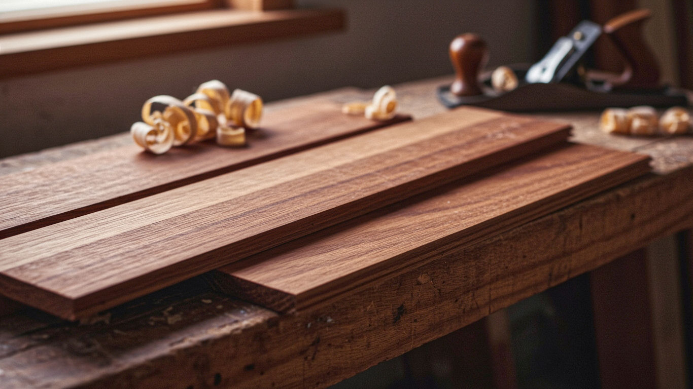 Merbau exotic hardwood planks laid across a workbench with a handplane in the background