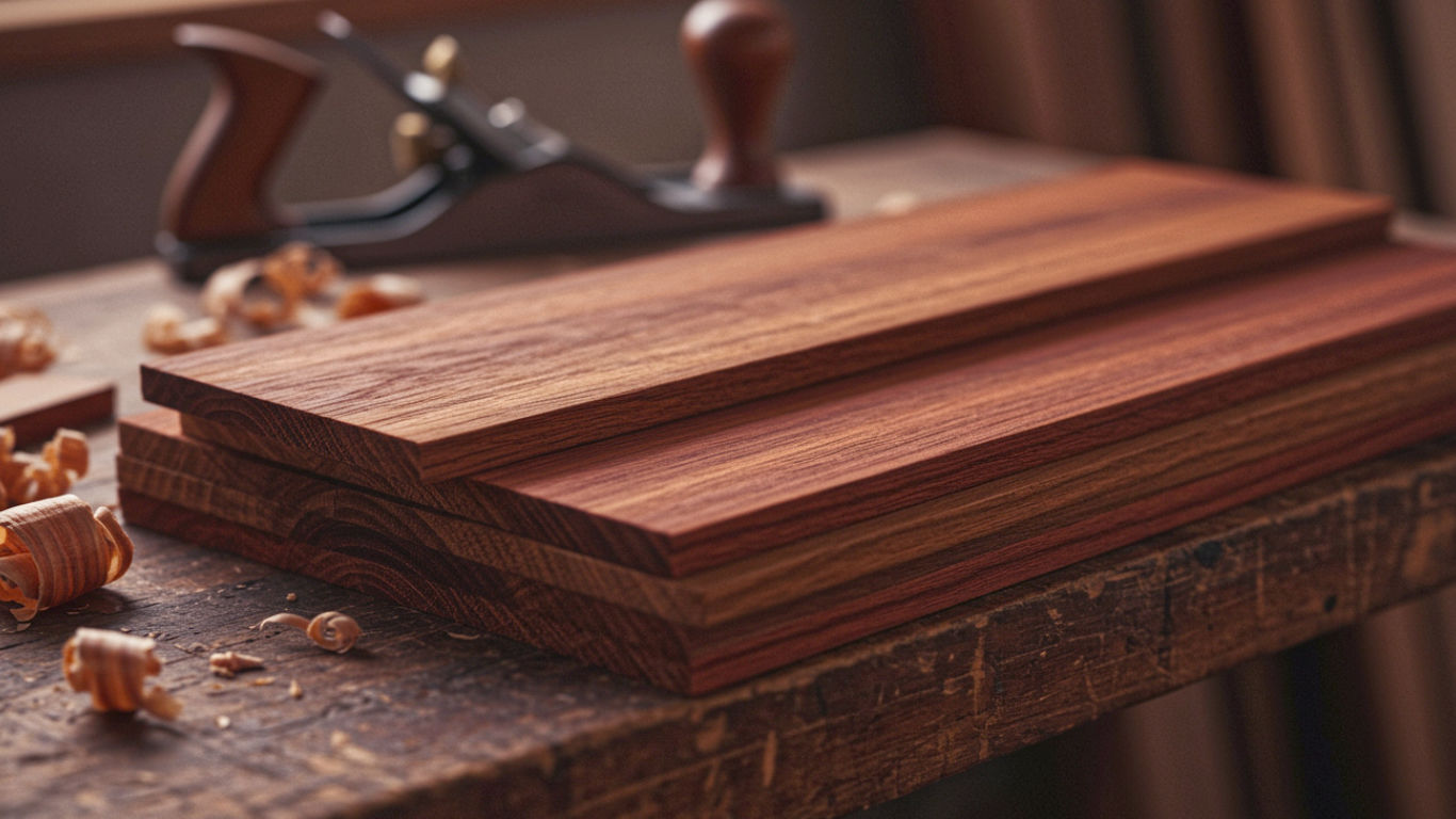 Padauk exotic hardwood planks laid across a workbench with a handplane in the background