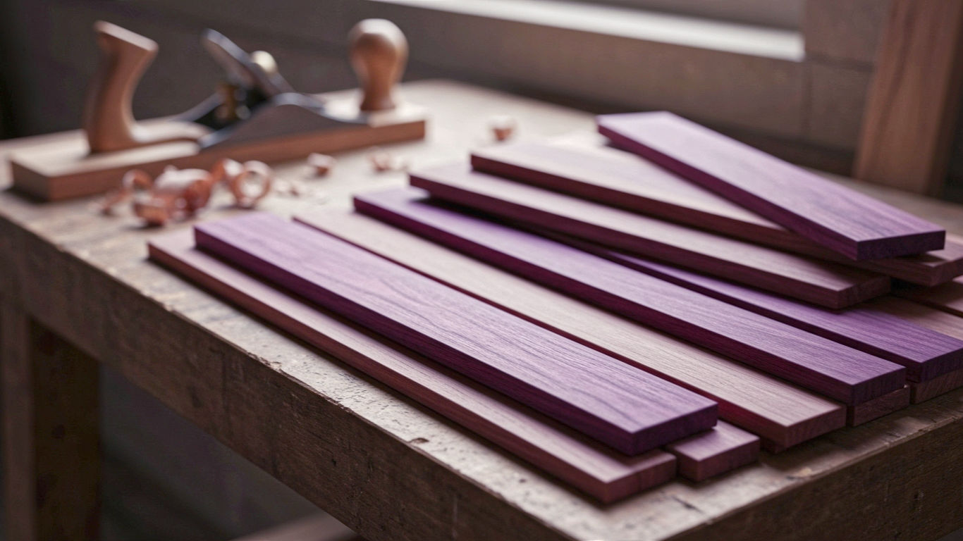Purpleheart exotic hardwood planks laid across a workbench with a handplane in the background