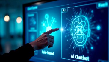A hyper-realistic, professional photograph showing a split-screen view. On the left, a clean, structured flowchart with simple icons represents a rule-based chatbot. On the right, a glowing, abstract neural network graphic represents an AI chatbot. A friendly, diverse British hand is in the centre, pointing towards the AI side, suggesting a choice. The overall style is clean, modern, and tech-focused, with a soft blue and white colour palette, evoking trustworthiness and innovation for a UK business audience.