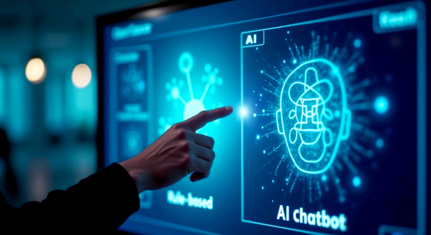 A hyper-realistic, professional photograph showing a split-screen view. On the left, a clean, structured flowchart with simple icons represents a rule-based chatbot. On the right, a glowing, abstract neural network graphic represents an AI chatbot. A friendly, diverse British hand is in the centre, pointing towards the AI side, suggesting a choice. The overall style is clean, modern, and tech-focused, with a soft blue and white colour palette, evoking trustworthiness and innovation for a UK business audience.
