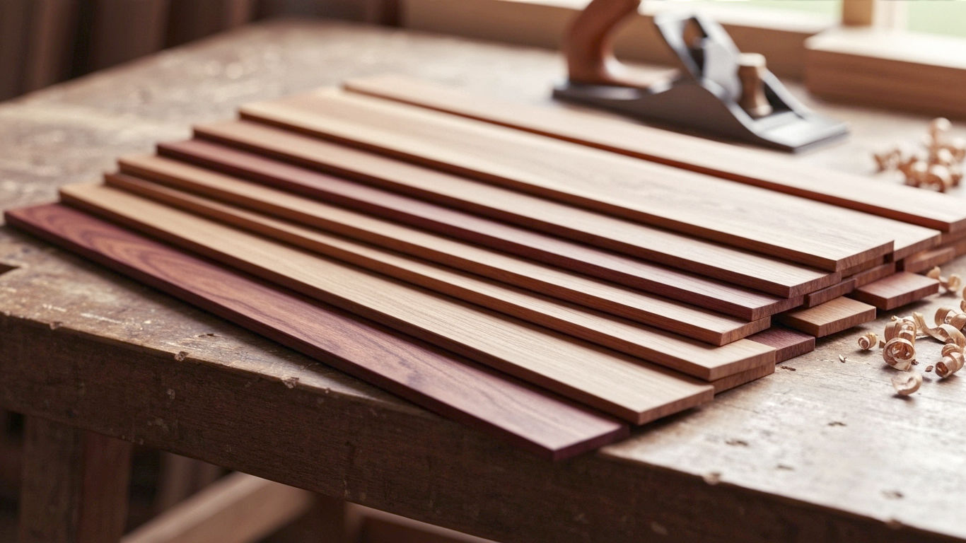 Sapele exotic hardwood planks laid across a workbench with a handplane in the background