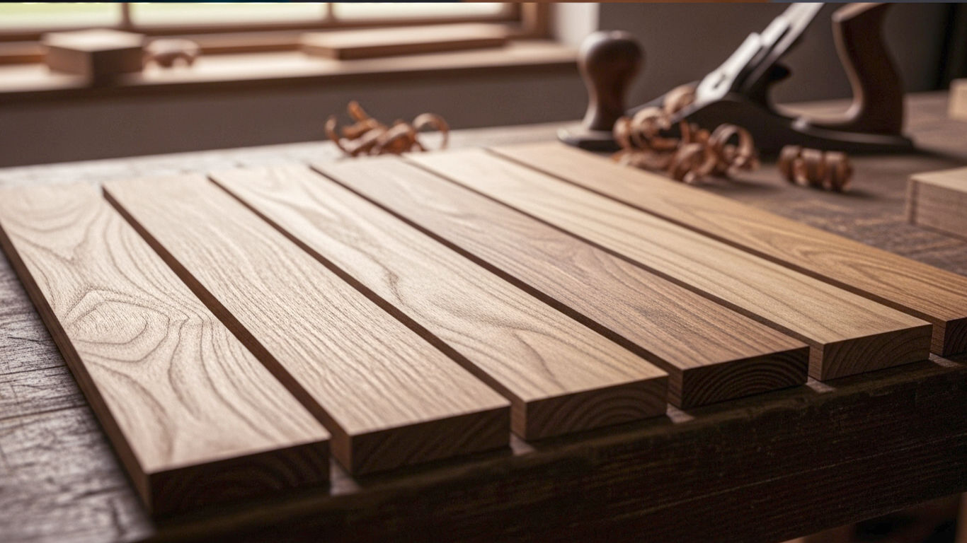 Teak exotic hardwood planks laid across a workbench with a handplane in the background