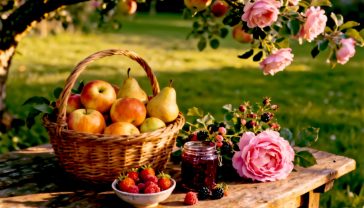 A hyper-realistic photograph in the style of a BBC Gardeners' World feature. The image captures a rustic wooden table in a classic, sun-dappled English garden. On the table is a rich, detailed still life representing the diversity of the Rosaceae family: a wicker basket overflowing with glossy red apples (like Cox's Orange Pippins) and ripe pears, a small bowl of fresh strawberries and raspberries, a jam jar filled with wild dog roses and blackberry brambles, and a beautiful, fully-bloomed pink David Austin rose. The background is a soft-focus view of a lush green lawn and a blooming apple tree. The lighting is soft and warm, evoking a perfect late summer afternoon in the British countryside. The mood is abundant, natural, and quintessentially British.