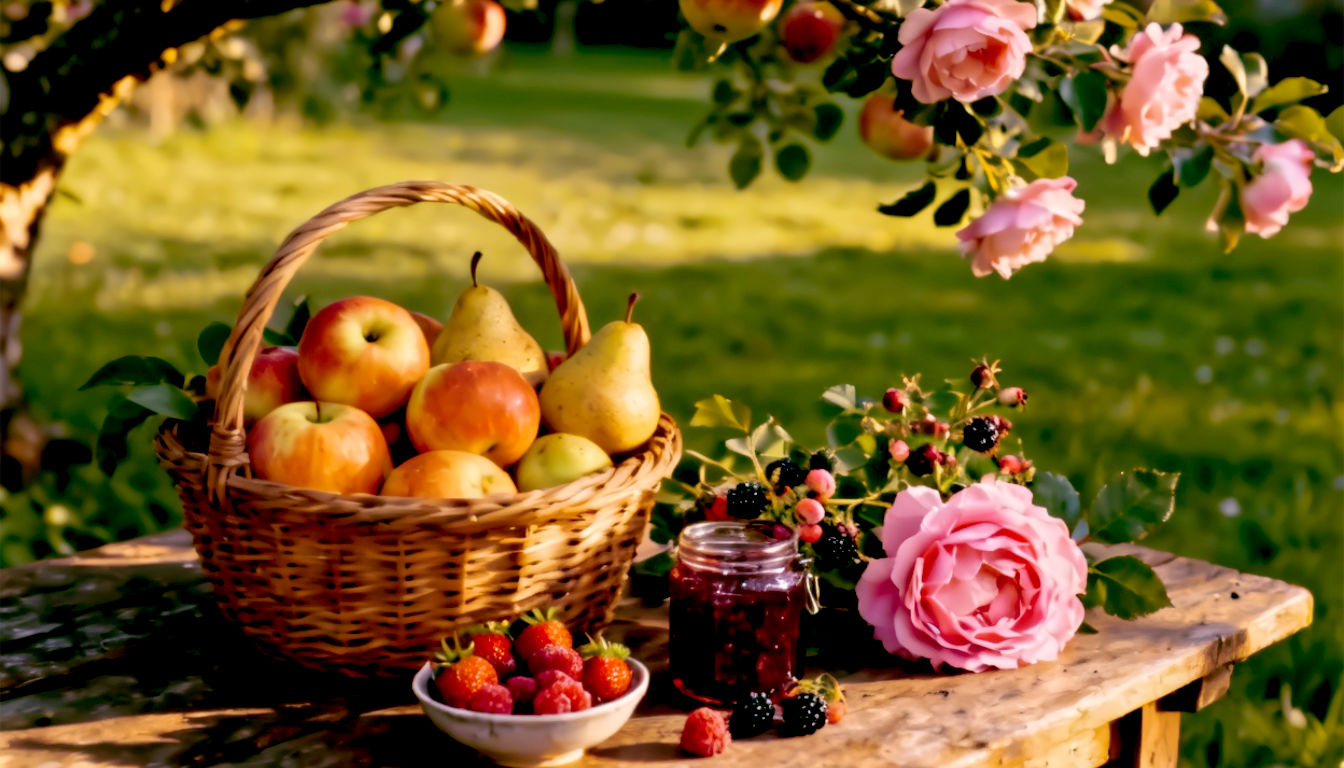 A hyper-realistic photograph in the style of a BBC Gardeners' World feature. The image captures a rustic wooden table in a classic, sun-dappled English garden. On the table is a rich, detailed still life representing the diversity of the Rosaceae family: a wicker basket overflowing with glossy red apples (like Cox's Orange Pippins) and ripe pears, a small bowl of fresh strawberries and raspberries, a jam jar filled with wild dog roses and blackberry brambles, and a beautiful, fully-bloomed pink David Austin rose. The background is a soft-focus view of a lush green lawn and a blooming apple tree. The lighting is soft and warm, evoking a perfect late summer afternoon in the British countryside. The mood is abundant, natural, and quintessentially British.