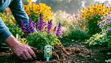 A hyper-realistic, professional photograph in the style of a Gardeners' World magazine feature. The image captures a classic British garden in early autumn. In the foreground, a gardener's weathered hands are gently applying a thick layer of mulch around the base of a vibrant, flowering Salvia with a clear plant label showing an 'H4' rating. The background is a soft-focus tapestry of hardy perennials like Rudbeckia and Aster, with rich, damp soil and a hint of morning mist. The lighting is soft and golden, evoking a crisp, hopeful autumn day. The mood is one of practical, loving care and the quiet wisdom of a seasoned British gardener.