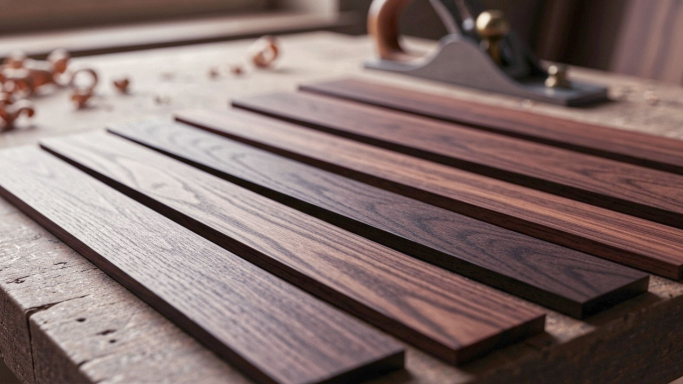 Wenge exotic hardwood planks laid across a workbench with a handplane in the background