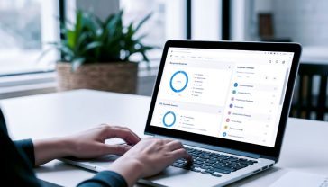 A hyper-realistic, professional photograph in the style of a modern tech startup's blog. The image shows a person's hands on a sleek laptop keyboard in a bright, airy British office or co-working space with a pot plant in soft focus in the background. The laptop screen is visible and displays a clean, colourful, and fictitious keyword research tool interface with charts and lists of keywords related to "UK small business." The lighting is natural and soft, creating a focused, productive, and optimistic mood. The overall aesthetic should feel clean, authoritative, and accessible.