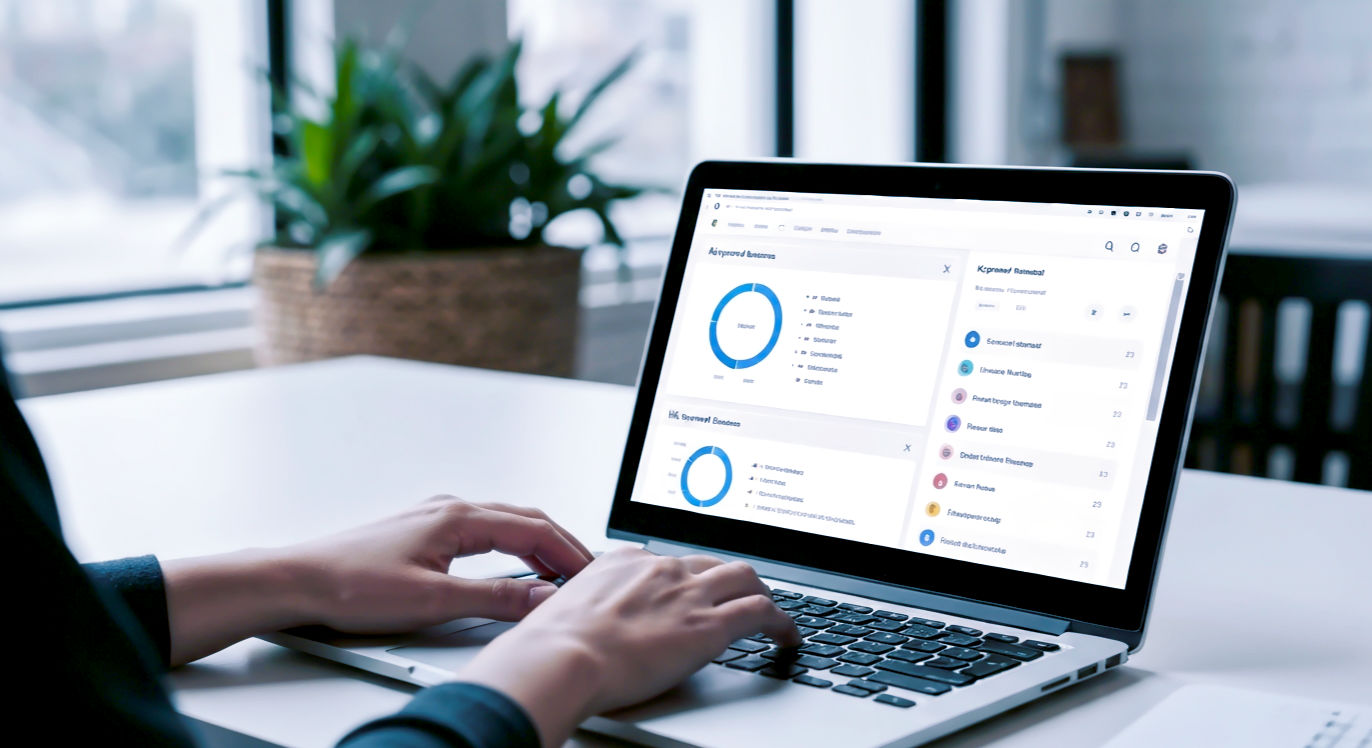 A hyper-realistic, professional photograph in the style of a modern tech startup's blog. The image shows a person's hands on a sleek laptop keyboard in a bright, airy British office or co-working space with a pot plant in soft focus in the background. The laptop screen is visible and displays a clean, colourful, and fictitious keyword research tool interface with charts and lists of keywords related to "UK small business." The lighting is natural and soft, creating a focused, productive, and optimistic mood. The overall aesthetic should feel clean, authoritative, and accessible.