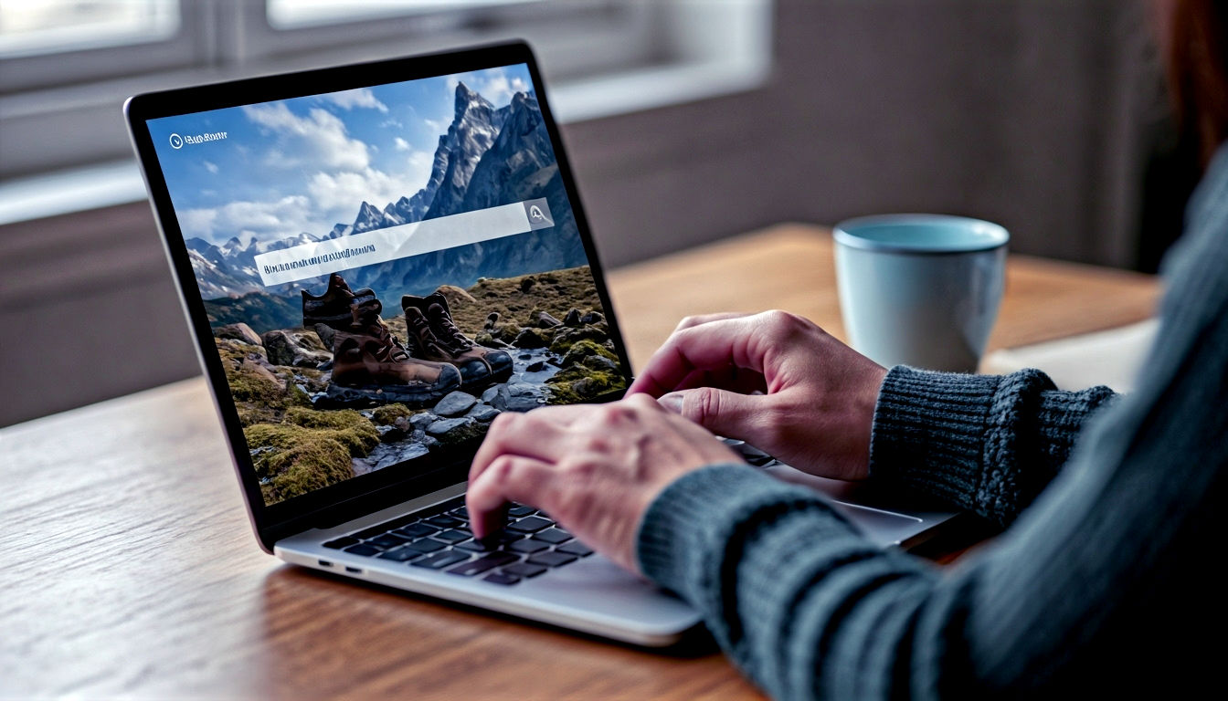 A hyper-realistic, professional photograph with a clean, modern aesthetic. The image shows a person's hands typing on a sleek laptop keyboard. On the laptop screen, a search engine interface is visible, with the search query "best waterproof walking boots for the Peak District" clearly typed in the search bar. The background is slightly blurred but suggests a cosy, contemporary home office or study in the UK, perhaps with a cup of tea and a notebook nearby. The lighting is soft and natural, coming from a window, creating a focused and productive mood. The overall colour palette is calm and professional, with muted tones.