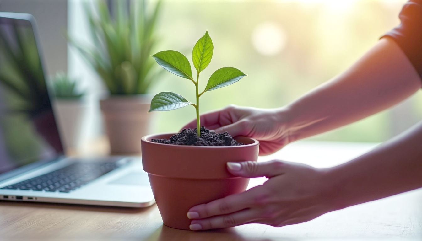 A hyper-realistic photograph in the style of a modern business journal. The image shows a person's hands carefully planting a small, vibrant green seedling into rich, dark soil inside a sleek, minimalist terracotta pot. The background is a clean, bright, and slightly out-of-focus home office setting with a laptop visible. The lighting is soft and natural, coming from a nearby window, creating a mood of hopeful, focused new beginnings. The overall aesthetic is professional, calm, and aspirational, visually representing the idea of "planting the seeds of a digital strategy."
