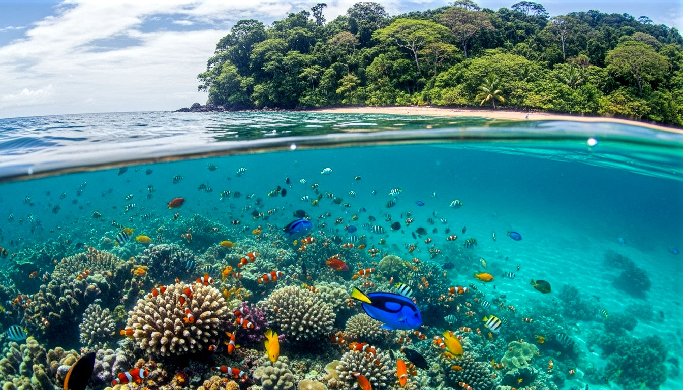 A hyper-realistic, professional photograph in the style of a National Geographic feature. The image is a split-shot, half underwater and half above. The top half shows a lush, green tropical coastline in Costa Rica, with dense rainforest meeting a white sandy beach under a bright but slightly cloudy sky. The bottom half reveals a vibrant, healthy coral reef teeming with colourful fish (like clownfish and blue tangs) in crystal-clear turquoise water. The lighting is natural and bright, capturing the intense colours of both the reef and the rainforest, evoking a sense of wonder, biodiversity, and the fragile beauty of tropical ecosystems.